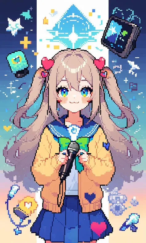 1girl, neuro-sama, indie virtual youtuber, sadecsss, rating: general, :3, ^_^, bandaid, blue eyes, blue sailor collar, blue skirt, blush, border, bow, bowtie, cable, cardigan, character name, closed eyes, cursor, diffraction spikes, electric plug, eyelashe...