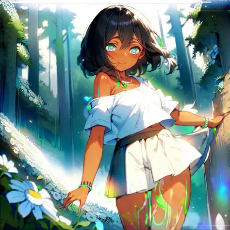 (masterpiece, best quality) very highly detailed, <lora:animetarotV51:1> 1girl, beautiful girl, tan skin, anime style, long thigh length dark black hair styled in a loose side braid with daisies, iridescent emerald eyes, wearing a loose off shoulder white ...