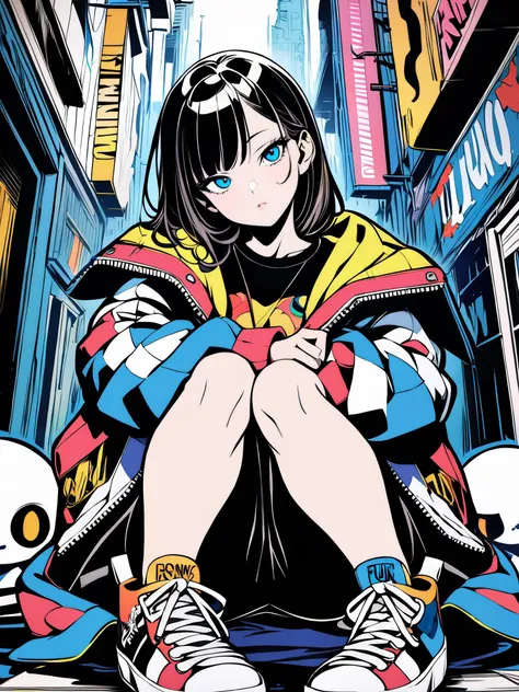 (masterpiece, best quality:1.3), (colorful:1.3), looking at viewer, 1girl, eyes half closed, uninterested face, full body,  head tilt, sitting, angled view, detailed eyes,
fun art style, pop art clothes, oversize jacket, ink style, funko pop, anime style,