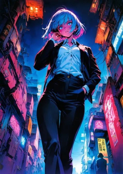 masterpiece, best quality, very aesthetic, absurdres
 by sadamoto yoshiyuki, 1girl, aged up walking in the alley 
short hair 
black suit white collar shirt 
wind 
perspective from below 
cyberpunk, neon