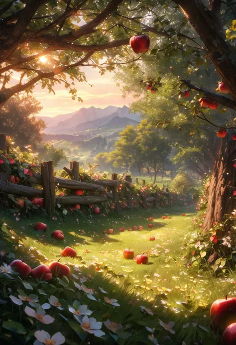 (best quality, 8k, high res, masterpiece:1.2), photorealistic, ultra-detailed, vibrant photography of a picturesque apple orchard at sunset. The trees are heavy with ripe, glistening apples in shades of red, green, and gold, their leaves a vibrant, healthy...