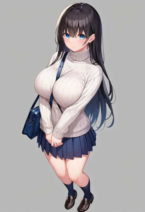 score_9,score_8_up,score_7_up,score_6_up,source_anime,1girl,break,purete_Otogi_Frontier,upper body focus,standing,
long hair, blue eyes, sweater, ribbed sweater, breasts, bag, skirt, blush, looking at viewer, full body, shoes,   large breasts, turtleneck, ...