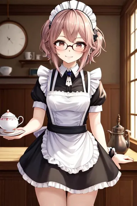 best quality,best quality, best masterpiece,
ahoge,,forehead.
girls..megane.
petite.
scrunchie..
maid
teatime