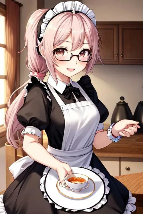 best quality,best quality, best masterpiece,
ahoge,,forehead.
girls..megane.
petite.
scrunchie..
maid
teatime