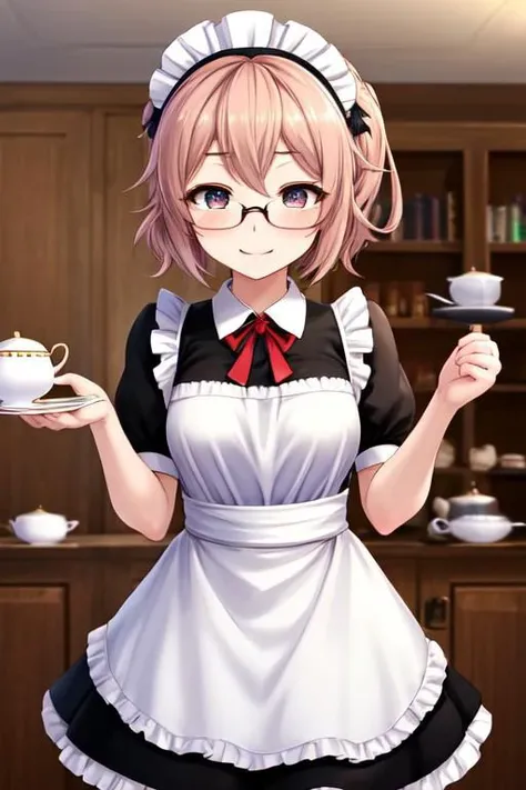 best quality,best quality, best masterpiece,
ahoge,,forehead.
girls..megane.
petite.
scrunchie..
maid
teatime