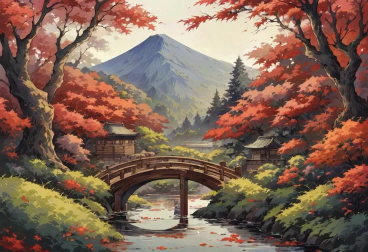 Score_9_up, score_8_up, masterpiece, A wooden relief carving of a beautiful japanese garden, extremely detailed and intricate, A simple bridge runs over a flowing stream, surrounded by tall ornamental grasses and japanese maple trees, an imposing mountain ...