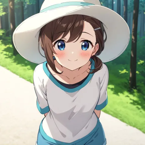 (best quality:2),Morning forest scene. Capture the tranquil beauty of a forest waking up to the gentle rays of the rising sun,1girl,Inuyama Mana(GeGeGe no Kitarou),solo,(White sun hat:1.3),hands,collarbone,blush, smile,arms behind back,[LightYellow hat bow...