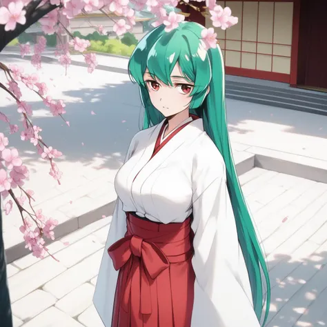 score_9, score_8_up, score_7_up, score_6_up,
1girl, <lora:brj-sayo-ponyXL-v1:1>,minakami sayo, long hair, green hair, red eyes, skinny, slender body, tiny, large breasts, 
hakama, temple, nontraditional miko, 
outdoors, day, cherry blossoms, 
standing, upp...