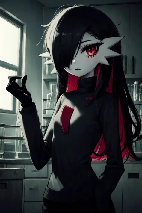 anime girl with red eyes and black hair holding a cigarette