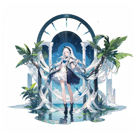 anime girl in a dress standing in front of a clock