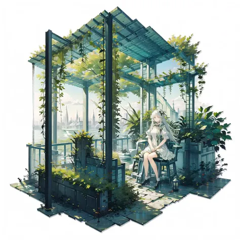 anime girl sitting on a bench in a greenhouse with a view of the city