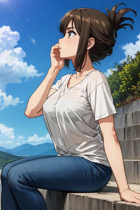 masterpiece, best quality, <lora:kojimakana-nvwls-v1-000009:0.9> kojima kana, folded ponytail, grey t-shirt, jeans, large breasts, sitting, stairs, blue sky, clouds, looking up