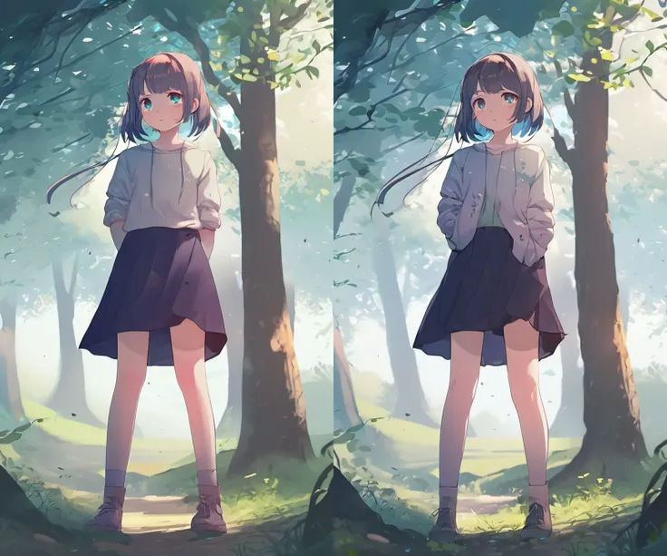 anime girl in a skirt standing in the woods with trees