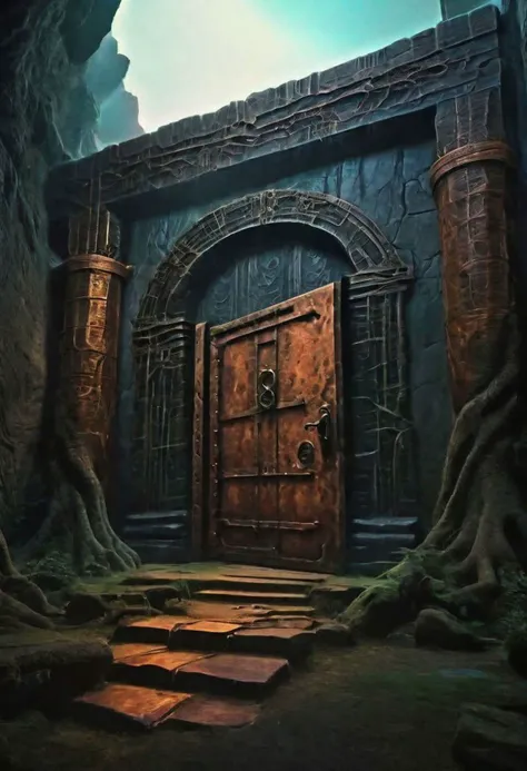 a painting of a door in a cave with a tree