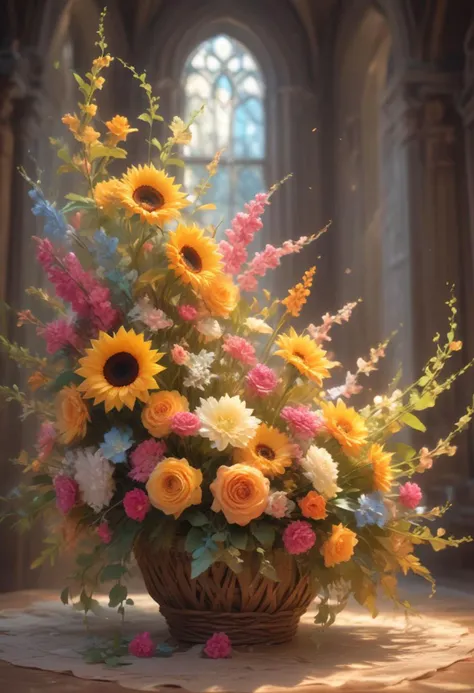 there is a basket of flowers sitting on a table in a church