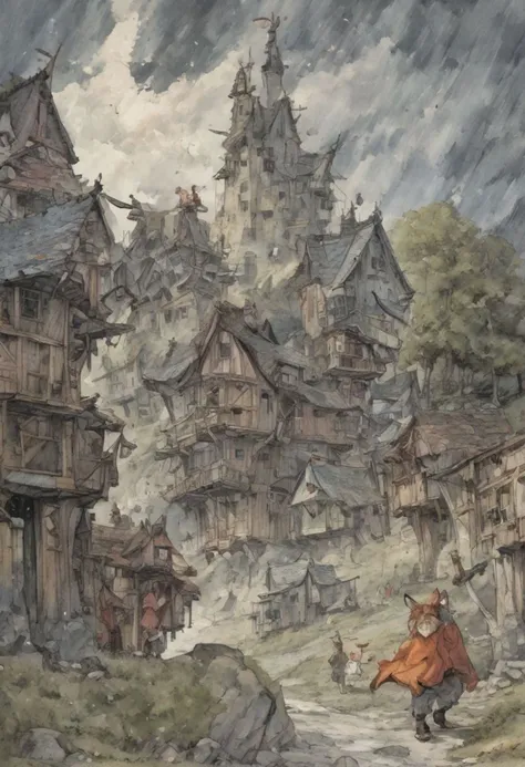 a painting of a woman walking down a street past a castle