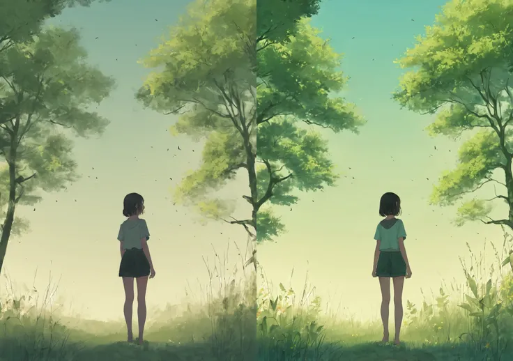 anime scene of two girls standing in a field with trees