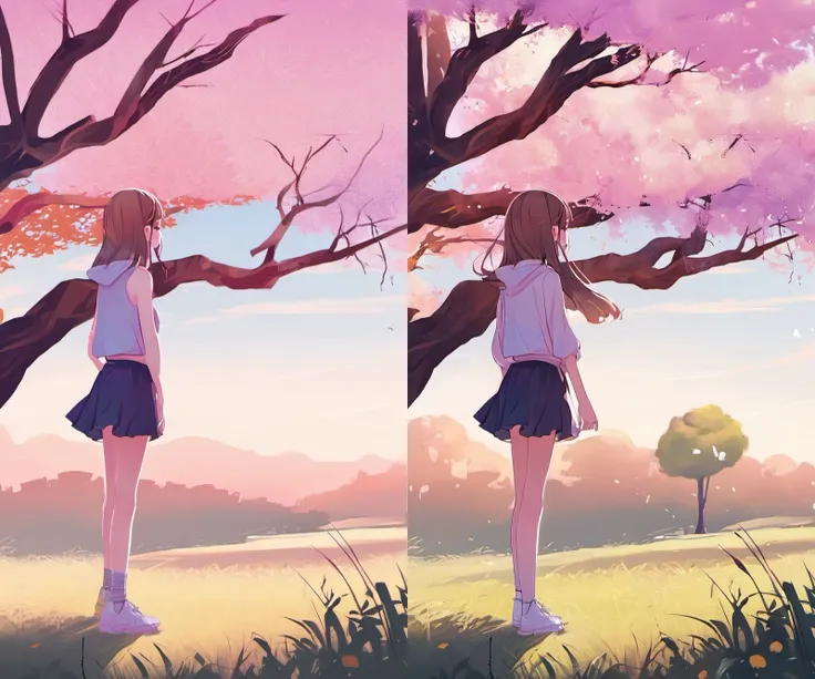 anime girl in a field with a tree and a pink sky