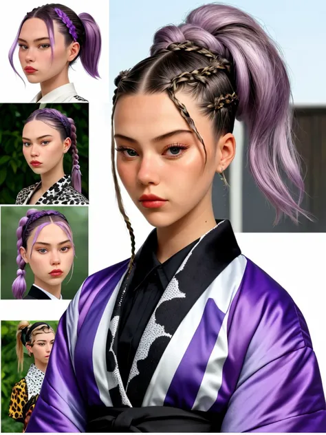 (dada style, nonsensical, collage, absurd, highly detailed:1.15), close range <lora:sd15_locon_AnnieSchroeter_24_v1-000008:.9> AnnieSchroeter, focus on face, wearing a animal print kimono , her dark lilac hair is styled as Straight Braided Ponytail,