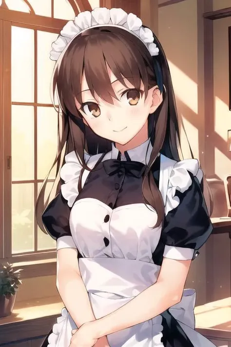 1girl, solo, cute girl, best quality, photo of a iom girl, best illustration, masterpiece, long hair, (brown hair:1.2), medium breasts, closed mouth, light smile, maid, beautiful scenery, indoors