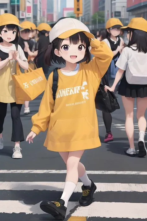 masterpiece,ultra detail,best quality,4girls,petite,walking,raise one of hand,pedestrian crossing,kiirobou,yellow hat,randoseru,happy,smile,join hands<lora:kiirobou:0.8>