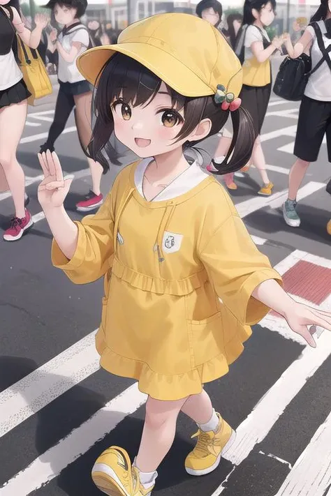 masterpiece,ultra detail,best quality,4girls,petite,walking,raise one of hand,pedestrian crossing,kiirobou,yellow hat,randoseru,happy,smile,join hands<lora:kiirobou:0.8>