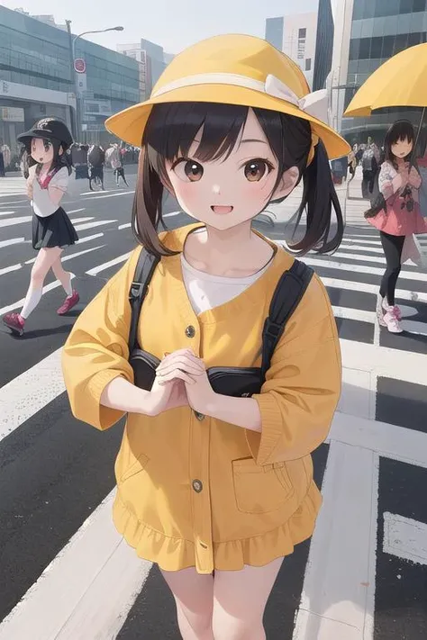 masterpiece,ultra detail,best quality,4girls,petite,walking,raise one of hand,pedestrian crossing,kiirobou,yellow hat,randoseru,happy,smile,join hands<lora:kiirobou:0.8>