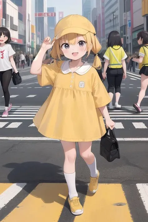 masterpiece,ultra detail,best quality,4girls,petite,walking,raise one of hand,pedestrian crossing,kiirobou,yellow hat,randoseru,happy,smile,join hands<lora:kiirobou:0.8>