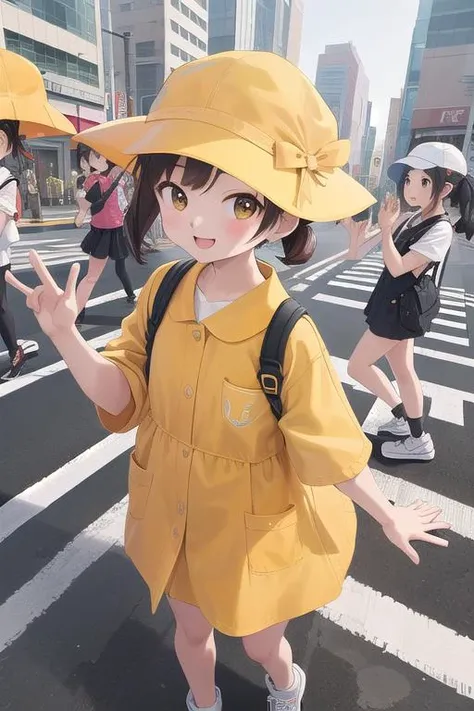 masterpiece,ultra detail,best quality,4girls,petite,walking,raise one of hand,pedestrian crossing,kiirobou,yellow hat,randoseru,happy,smile,join hands<lora:kiirobou:0.8>