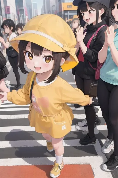 masterpiece,ultra detail,best quality,4girls,petite,walking,raise one of hand,pedestrian crossing,kiirobou,yellow hat,randoseru,happy,smile,join hands<lora:kiirobou:0.8>