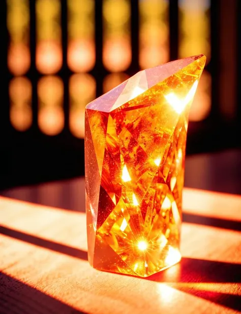 analog style photo of colorful fantasy magical crystal on old wooden alchemy table, side view, small details, bokeh,