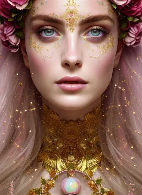 (symmetry:1.1) (portrait of floral:1.05) a woman as a beautiful goddess, (assassins creed style:0.8), pink and gold and opal color scheme, beautiful intricate filegrid facepaint, intricate, elegant, highly detailed, digital painting, artstation, concept ar...