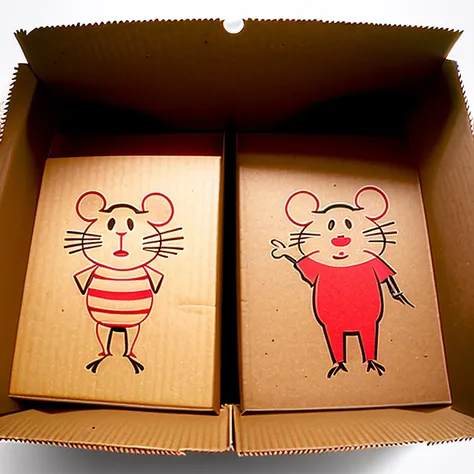 intricatedetails, ntricatedetails, two cartoon anamorphic mice looking inside an empty cardboard box, sad expressions on the mouse faces, pixar style, rembrandt lighting