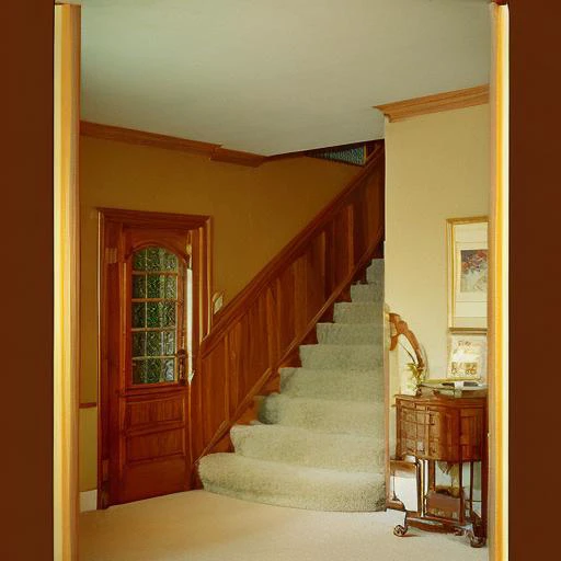 analog style, an empty house, brown walls, brown pattern carpet, stairs, door, dated, vintage, liminal space