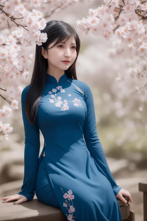 dark blue aodai, cherry blossom,sitting