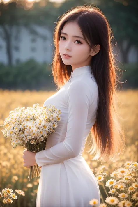 a beautiful girl in white aodai , masterpiece, best quality, realistic:1.3,in a field of flowers, holding bundle of flowers, sun...