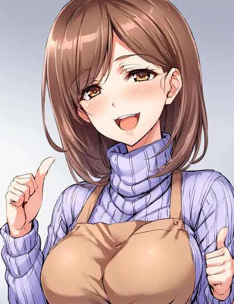 <lora:zemimama_xl:0.8>,zemimama, 1girl, mature girl, brown hair,sweater,turtleneck, apron,  solo,best quality,masterpiece,  <lora:xl_kono dio da(pony)-000006:1>dio face,open mouth,smile,thumbs up