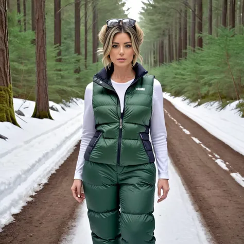 woman in green down filled ski suit walking down a snowy road