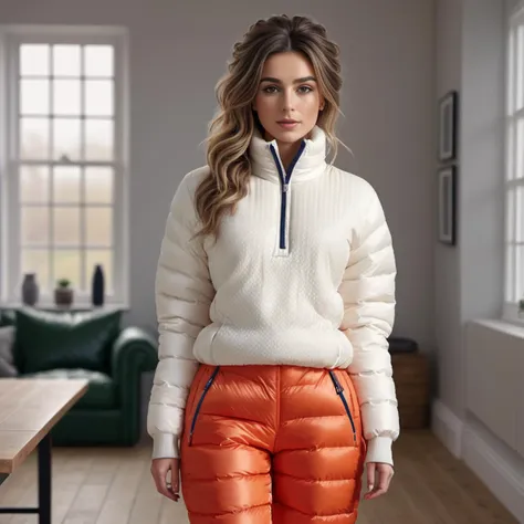 a woman in an orange pants and white sweater standing in a room