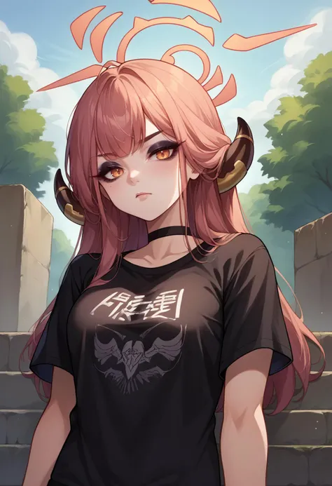 a woman with long hair wearing a black shirt and horns