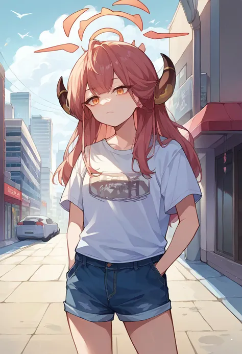 anime girl with horns and a t - shirt on standing on a street