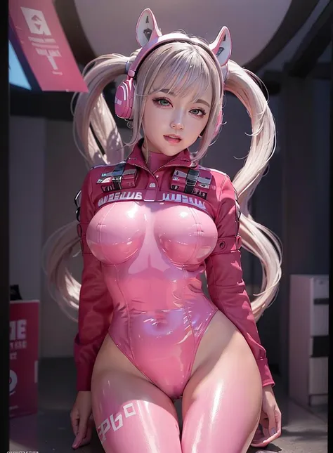 (photorealistic:1.4),best quality, ultra high res,
4k, instagram, 
higly detailed,
alice (nikke),pink bodysuit,animal ears, fake animal ears, gloves, headphones, headset,
jacket,pink latex bodysuit, pink eyes,twintails,  white gloves, white hair,
VirtualGi...