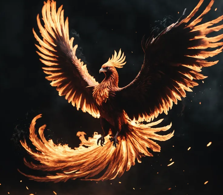 photo, a burning phoenix, flying burning feathers, epic, dark atmosphere, cinematic