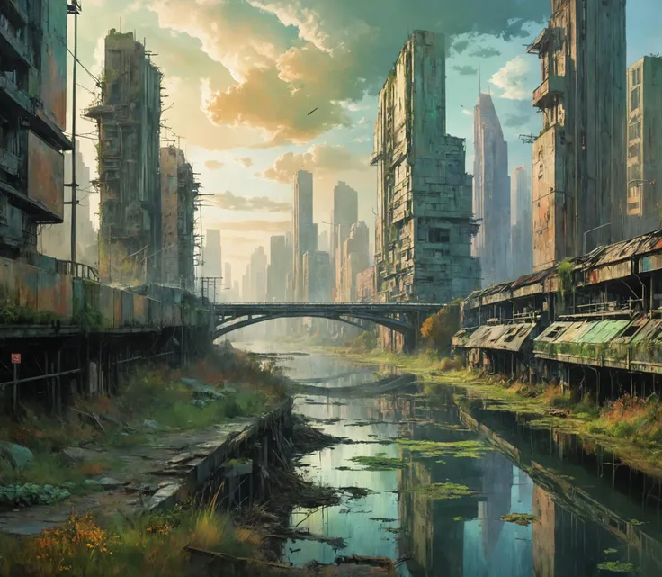 a impressionist painting showing poluted dystopian city on the left side of the image,  nature claims back the city