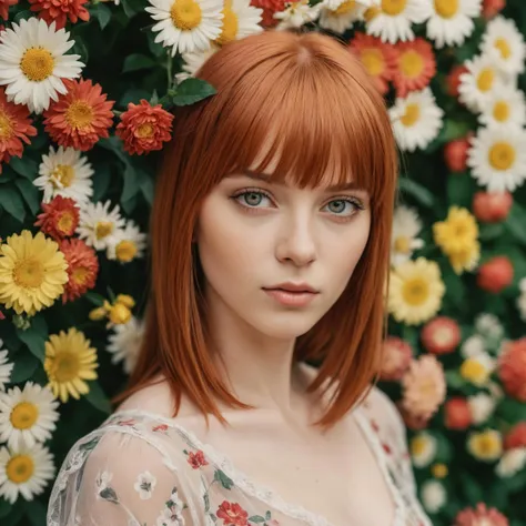 photo, face portrait, european model, 24 years old, close-up, 4mm - 14mm focal length, absurdres, red hair, front bangs, flowers