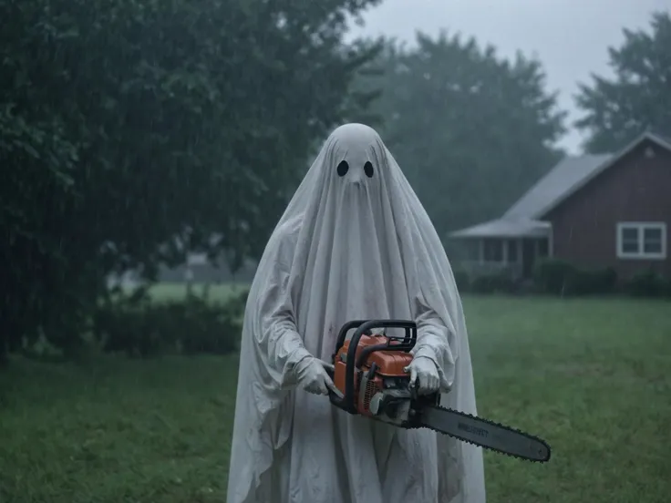 arafed ghost holding a chainsaw in a field