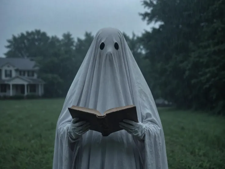 a person in a ghost costume reading a book in a field