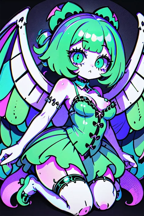 demonic kawaii style, pastel goth, multicolored hair, (masterpiece, best_quality, ultra-detailed, immaculate:1.3), epic, illustration, 1girl, (refined Corporate Memphis:1.3) cute succubus, wings, full body, lingerie, [:sexy costume design,:0.2], official a...