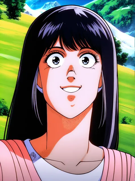 a woman with long black hair and a pink shirt is smiling