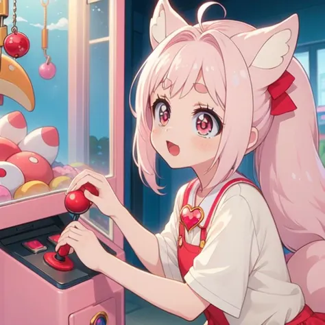 anime girl in a pink dress playing a game with a red button